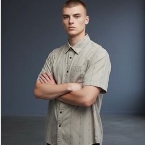 Katin Mens Beige SS Button Up Shirt With Native American Inspired Pattern Size L